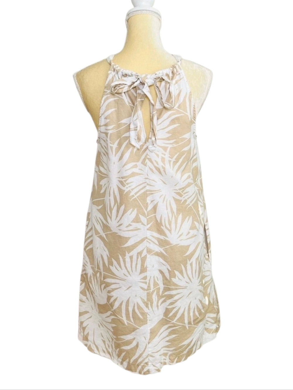 GAP Linen Blend Tan White Palm Print Halter Mini Dress Tie Back Boho Size 00